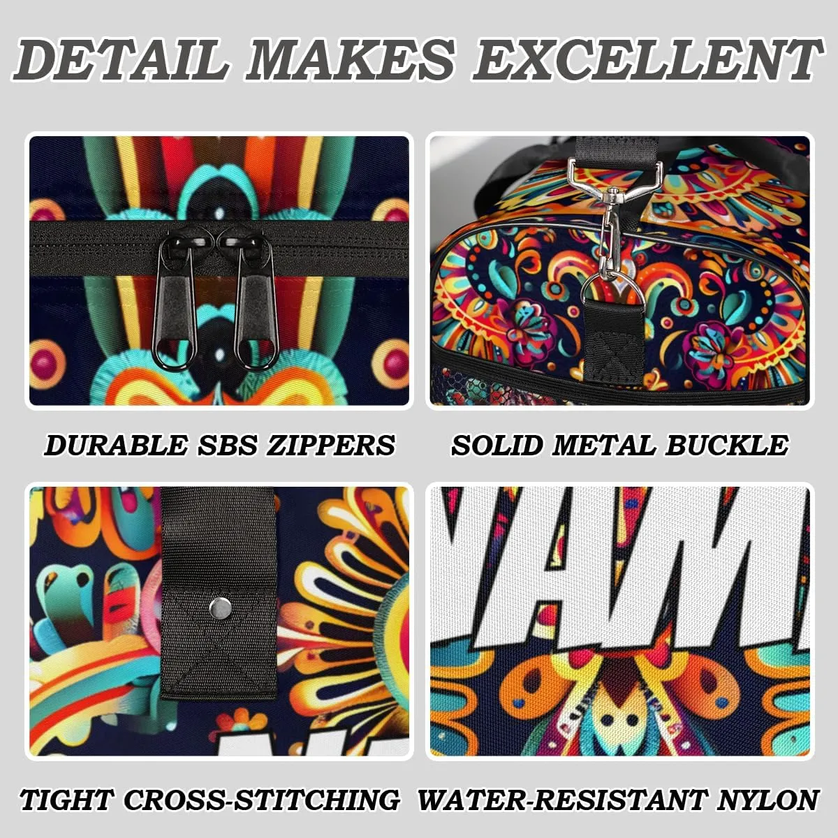 Personalized Mexica Flower Travel Duffel Bag with Name, Custom Gym Sport Bag Boho Floral Carry On Weekend Overnight Duffel Bag for Men Women
