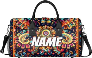 Personalized Mexica Flower Travel Duffel Bag with Name, Custom Gym Sport Bag Boho Floral Carry On Weekend Overnight Duffel Bag for Men Women