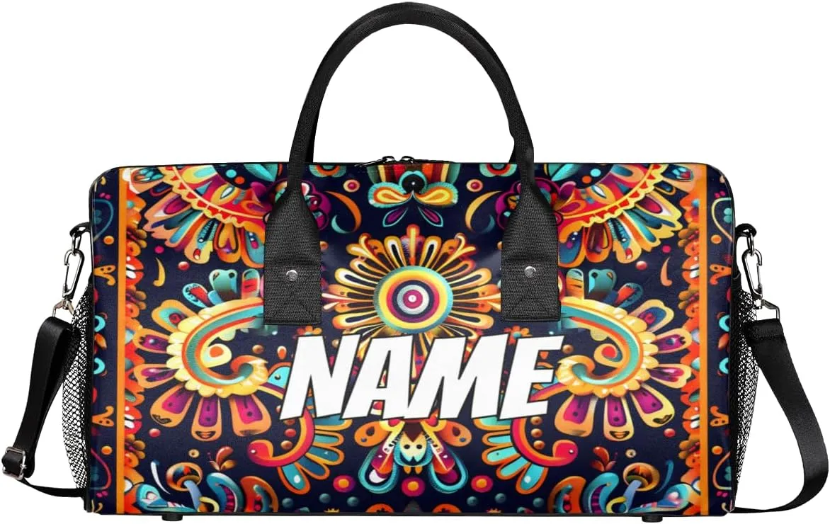 Personalized Mexica Flower Travel Duffel Bag with Name, Custom Gym Sport Bag Boho Floral Carry On Weekend Overnight Duffel Bag for Men Women