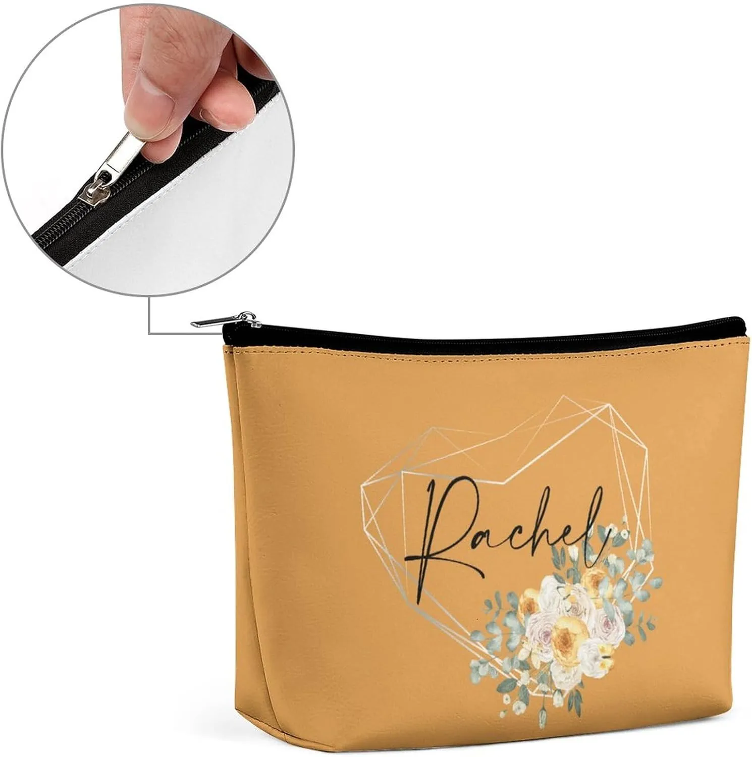 Personalized Name Makeup Bag 6 x 7 Inches Custom Cosmetic Bag for Women, Customized Text Travel Makeup Bag Floral Bags Small Toiletry Pouch Birthday Love Heart Gifts for Best Friend Bride