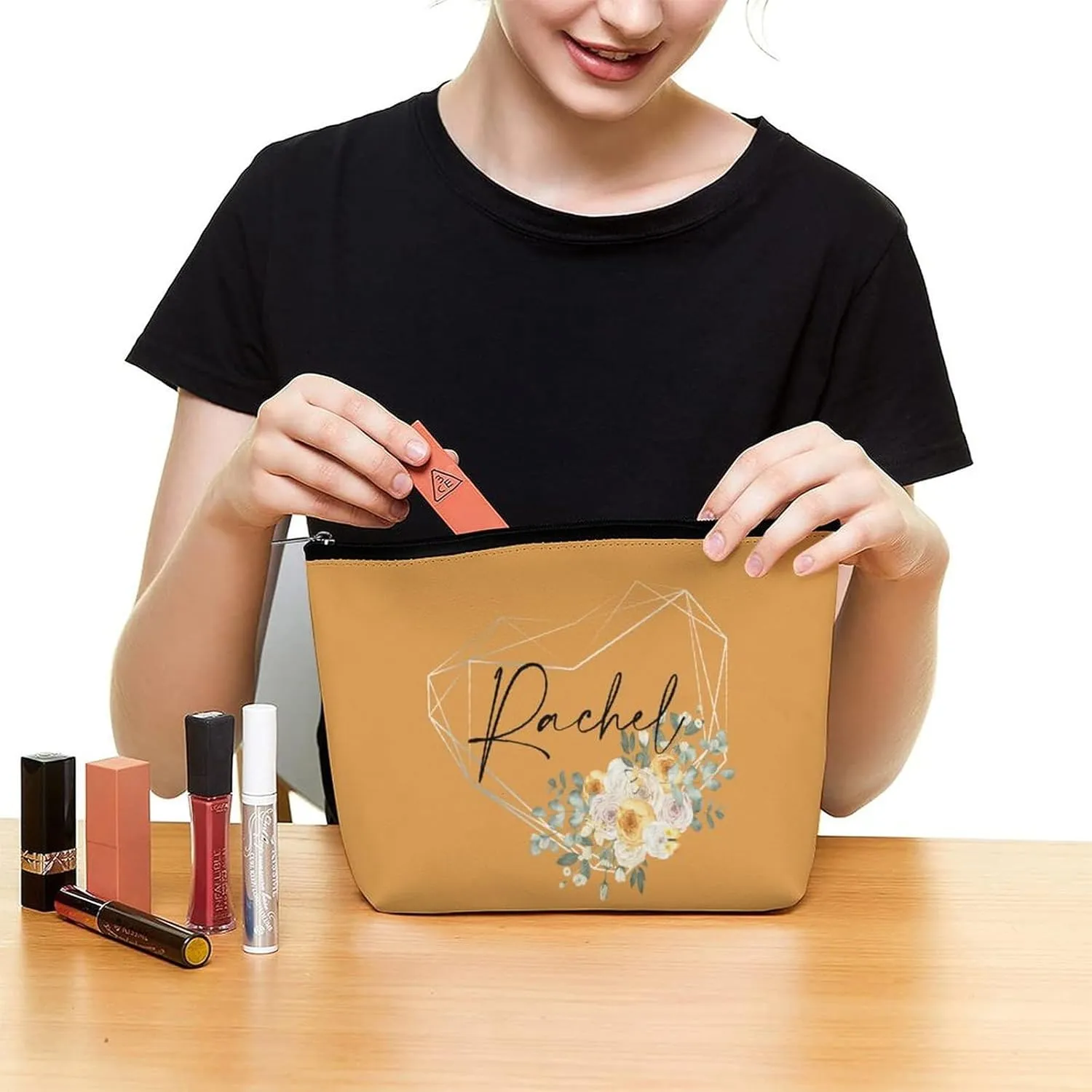 Personalized Name Makeup Bag 6 x 7 Inches Custom Cosmetic Bag for Women, Customized Text Travel Makeup Bag Floral Bags Small Toiletry Pouch Birthday Love Heart Gifts for Best Friend Bride