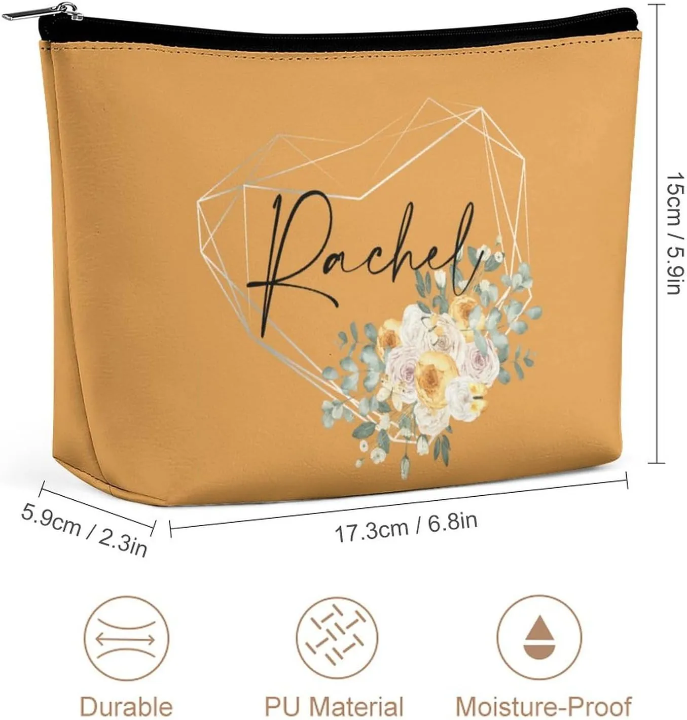 Personalized Name Makeup Bag 6 x 7 Inches Custom Cosmetic Bag for Women, Customized Text Travel Makeup Bag Floral Bags Small Toiletry Pouch Birthday Love Heart Gifts for Best Friend Bride