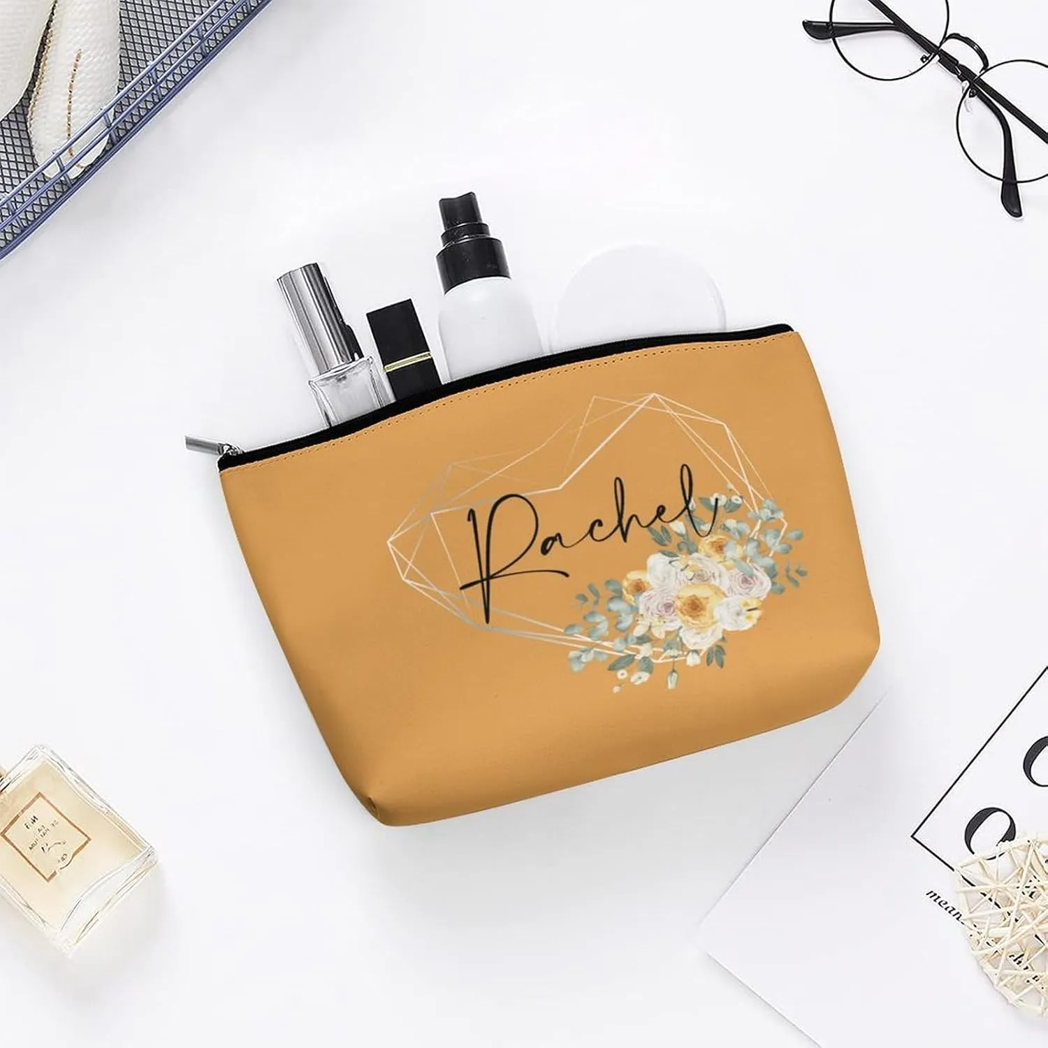 Personalized Name Makeup Bag 6 x 7 Inches Custom Cosmetic Bag for Women, Customized Text Travel Makeup Bag Floral Bags Small Toiletry Pouch Birthday Love Heart Gifts for Best Friend Bride