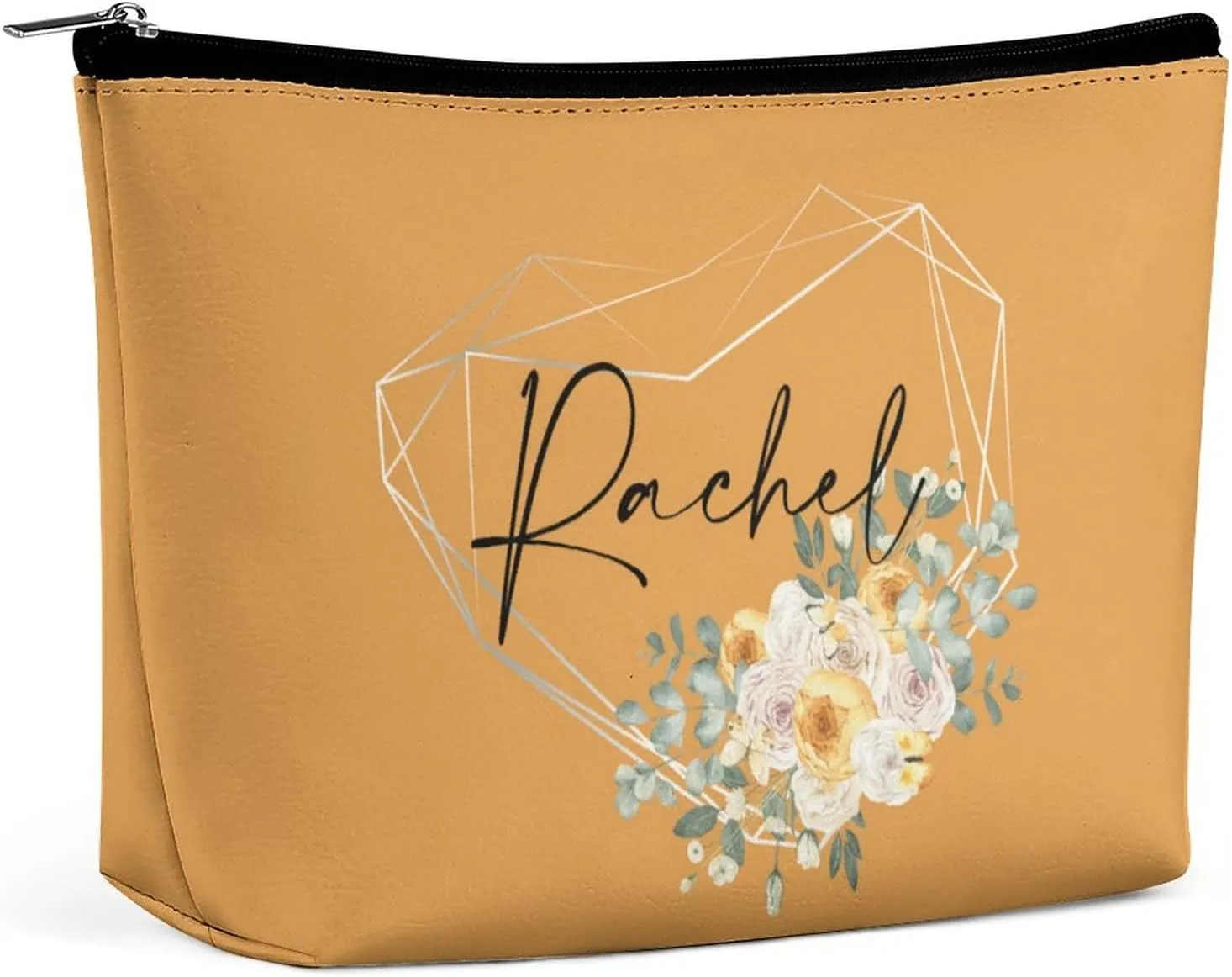 Personalized Name Makeup Bag 6 x 7 Inches Custom Cosmetic Bag for Women, Customized Text Travel Makeup Bag Floral Bags Small Toiletry Pouch Birthday Love Heart Gifts for Best Friend Bride