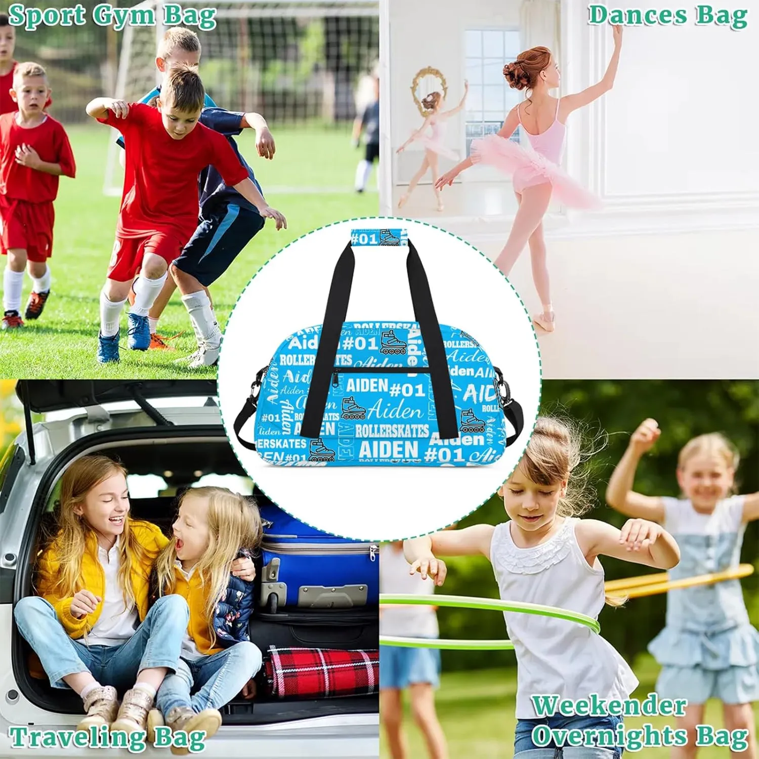 Personalized Name Roller Skates Duffle Bags Custom Number Sports Gym Bag Weekender Overnight Training Bag, Light Blue
