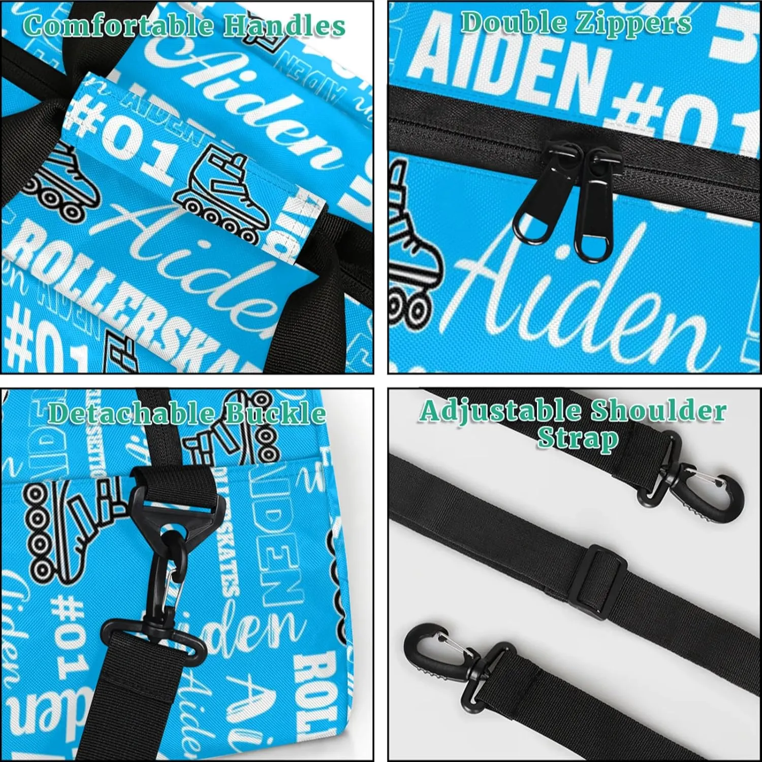 Personalized Name Roller Skates Duffle Bags Custom Number Sports Gym Bag Weekender Overnight Training Bag, Light Blue