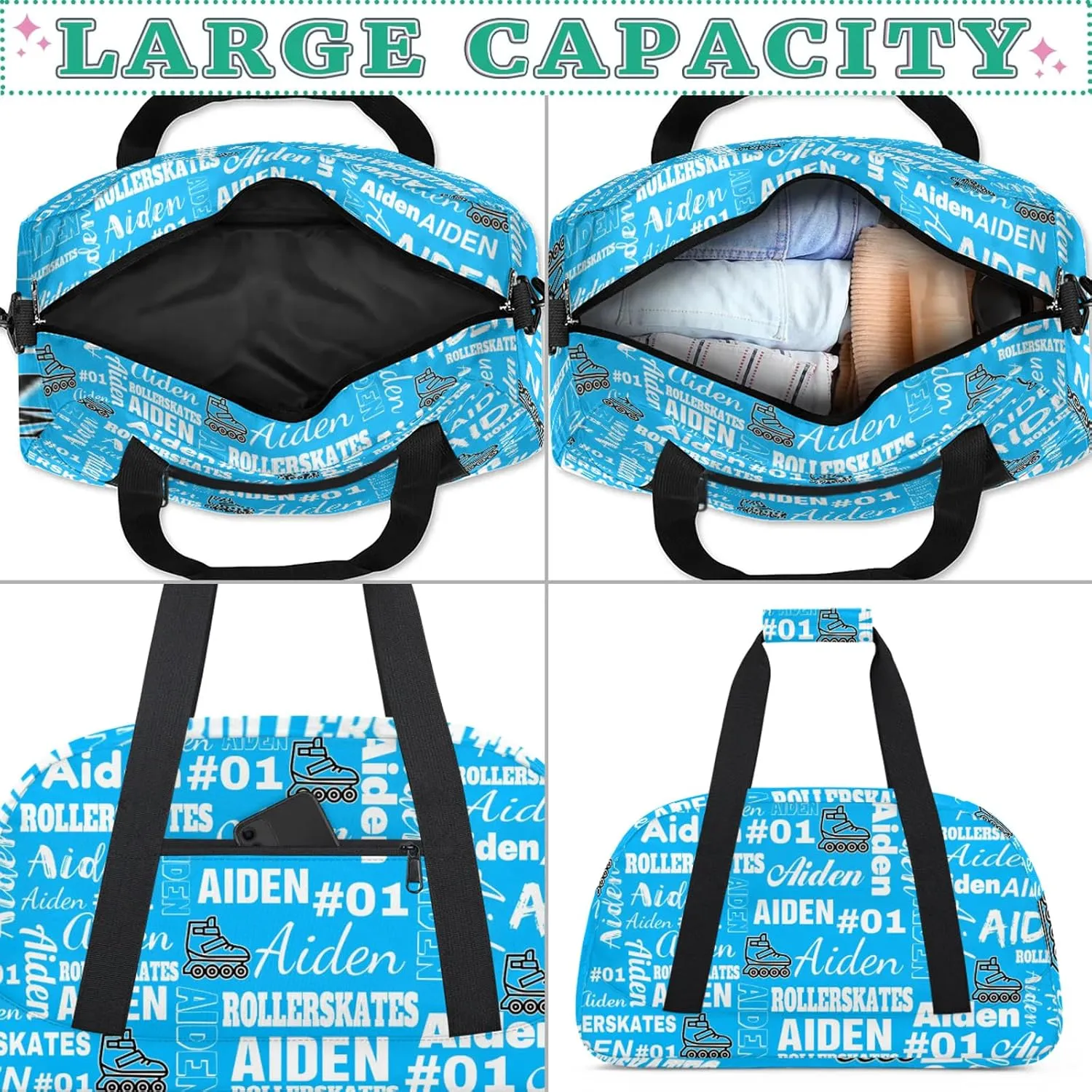 Personalized Name Roller Skates Duffle Bags Custom Number Sports Gym Bag Weekender Overnight Training Bag, Light Blue