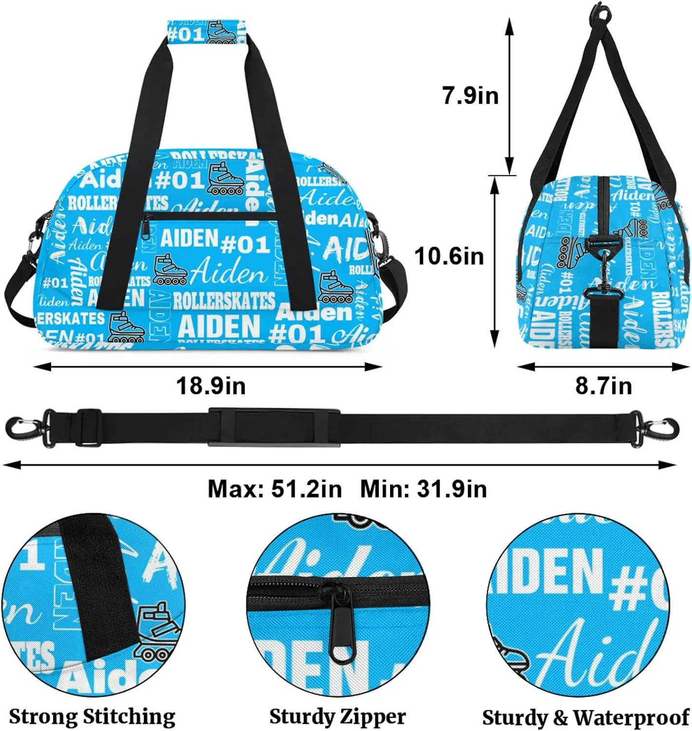 Personalized Name Roller Skates Duffle Bags Custom Number Sports Gym Bag Weekender Overnight Training Bag, Light Blue