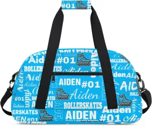Personalized Name Roller Skates Duffle Bags Custom Number Sports Gym Bag Weekender Overnight Training Bag, Light Blue