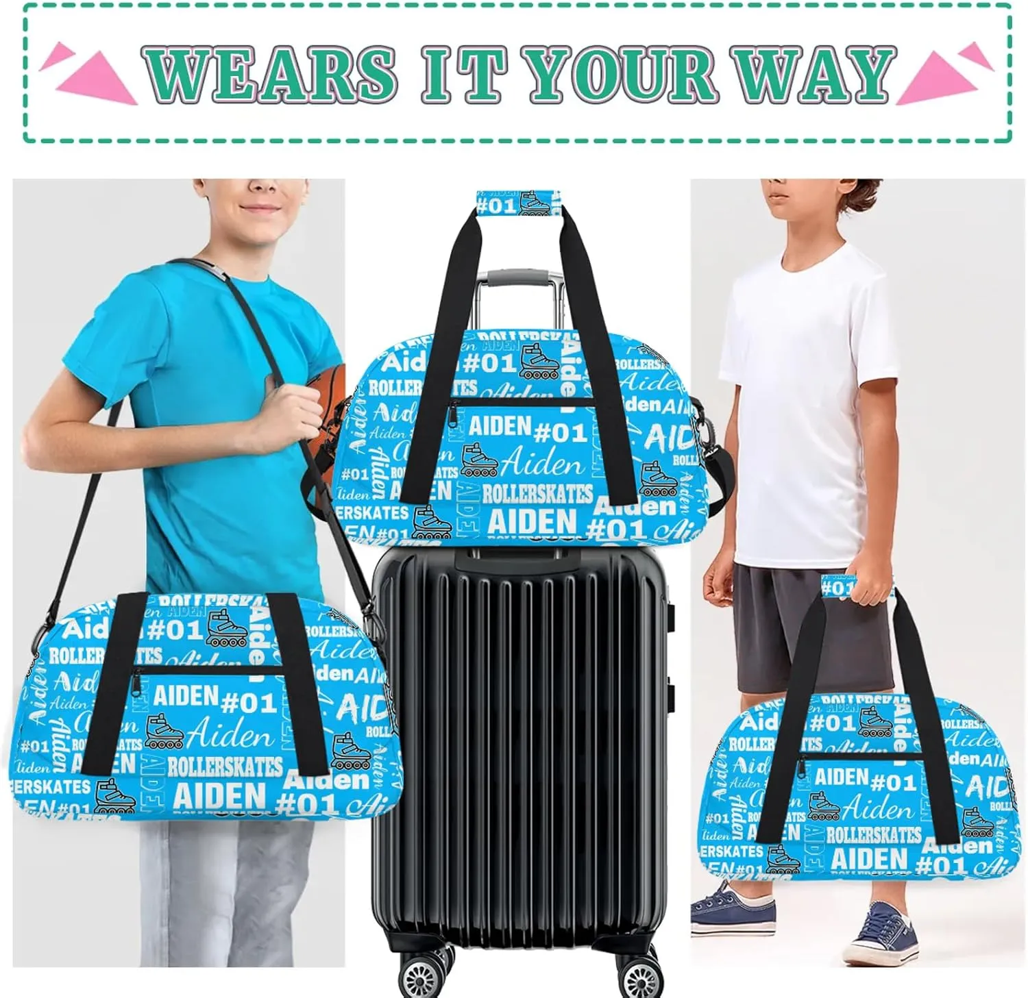 Personalized Name Roller Skates Duffle Bags Custom Number Sports Gym Bag Weekender Overnight Training Bag, Light Blue