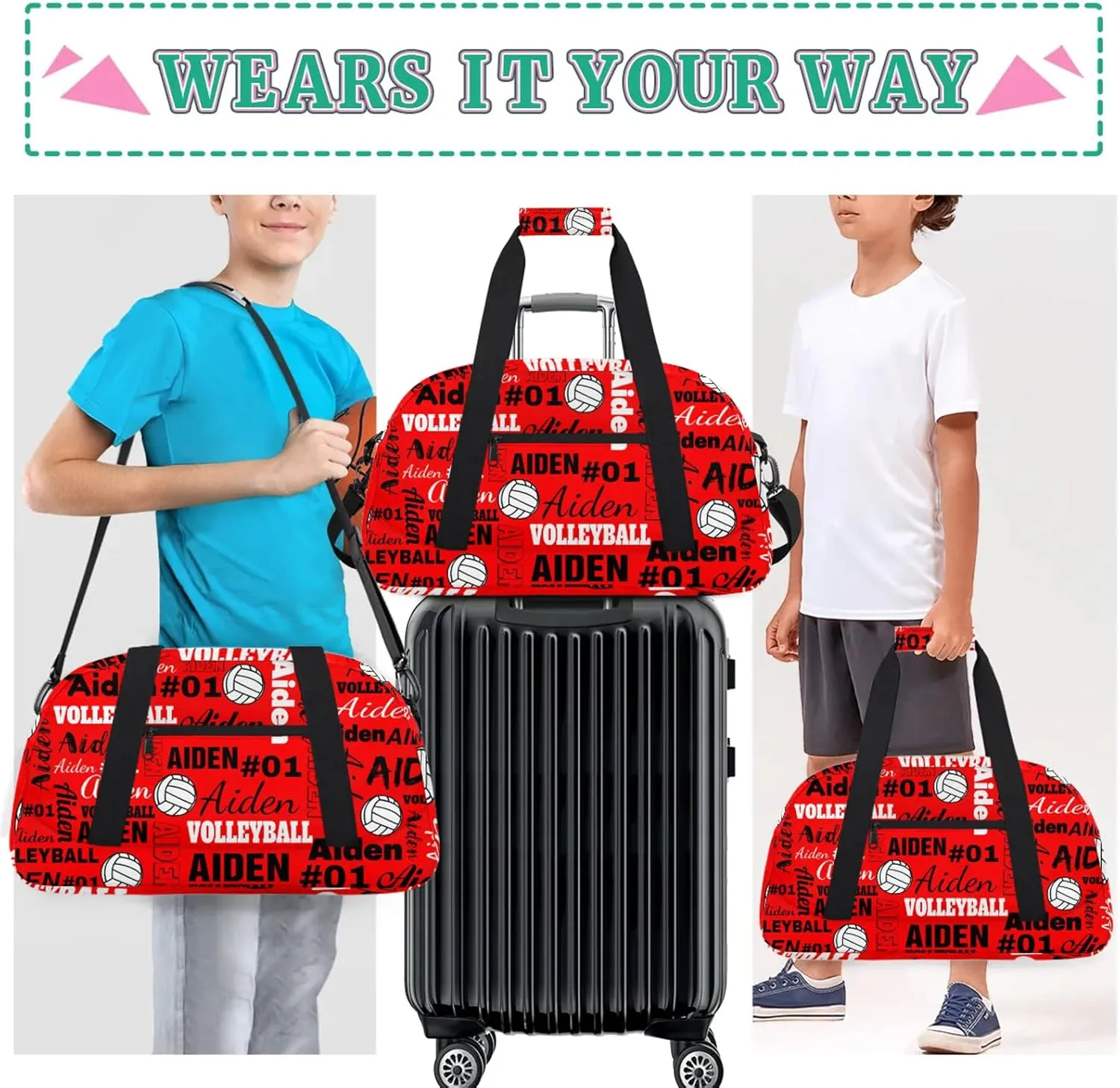 Personalized Name Volleyball Duffle Bags Custom Number Sport Ball Sports Gym Bag Weekender Overnight Training Bag, Bright Red
