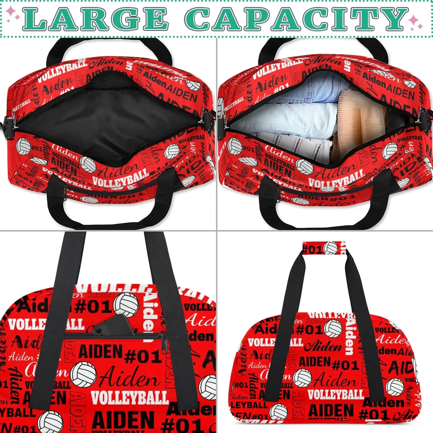 Personalized Name Volleyball Duffle Bags Custom Number Sport Ball Sports Gym Bag Weekender Overnight Training Bag, Bright Red