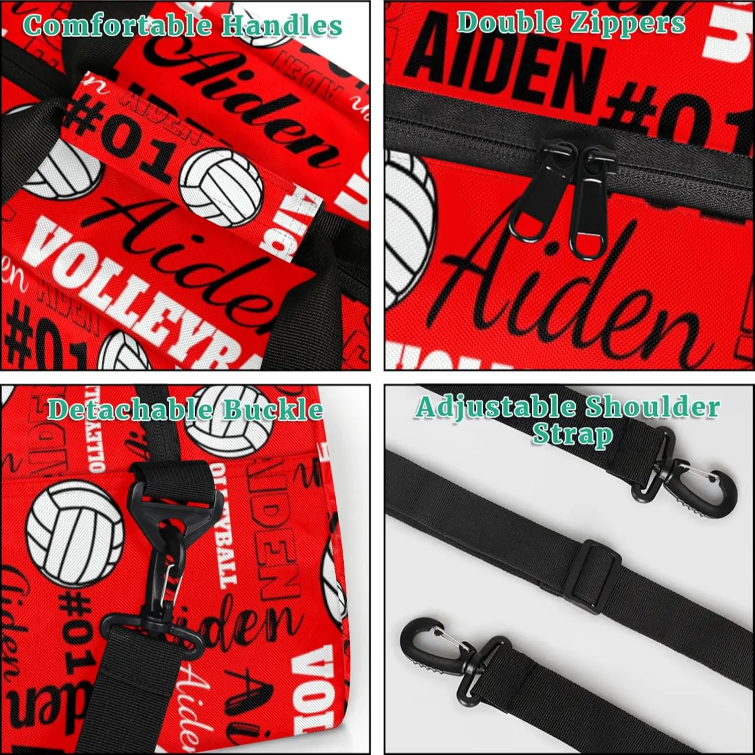 Personalized Name Volleyball Duffle Bags Custom Number Sport Ball Sports Gym Bag Weekender Overnight Training Bag, Bright Red