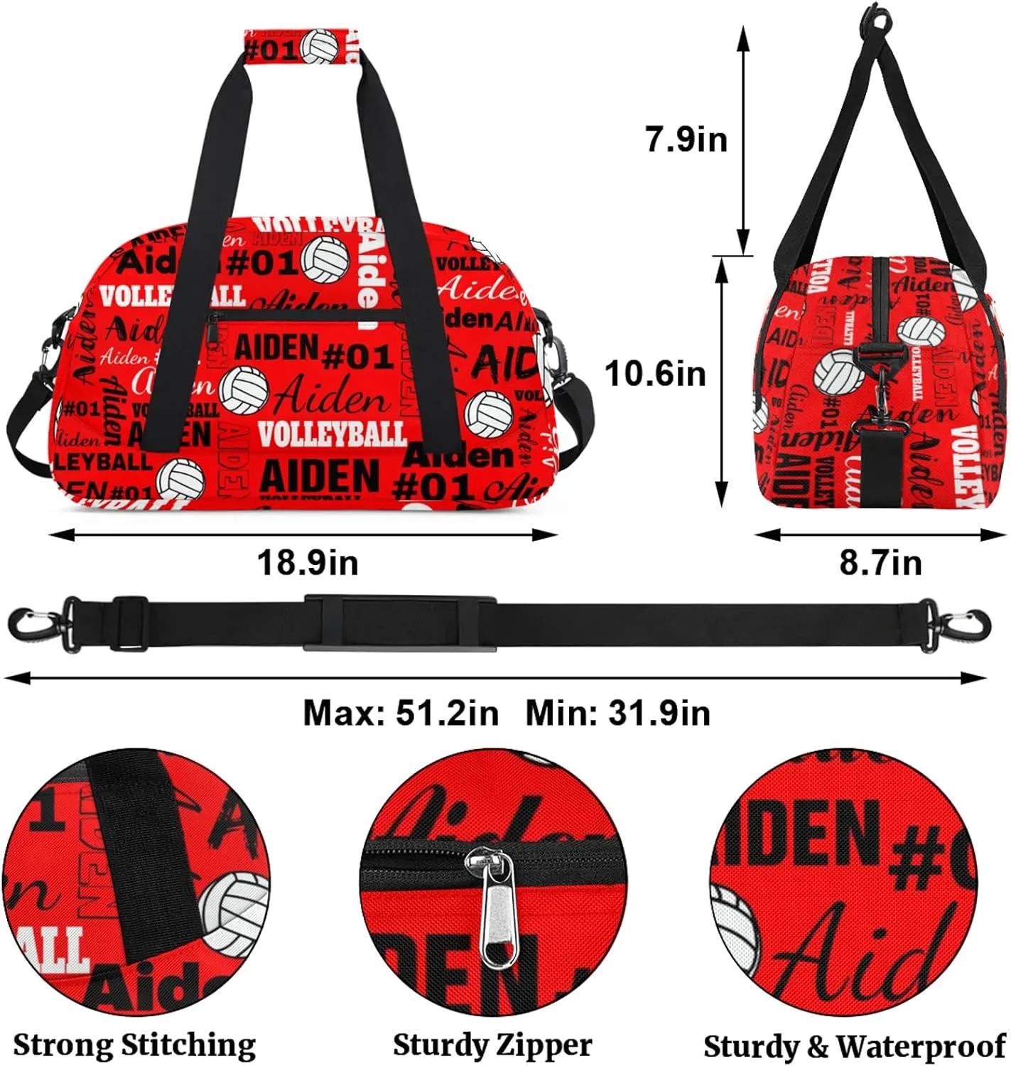 Personalized Name Volleyball Duffle Bags Custom Number Sport Ball Sports Gym Bag Weekender Overnight Training Bag, Bright Red