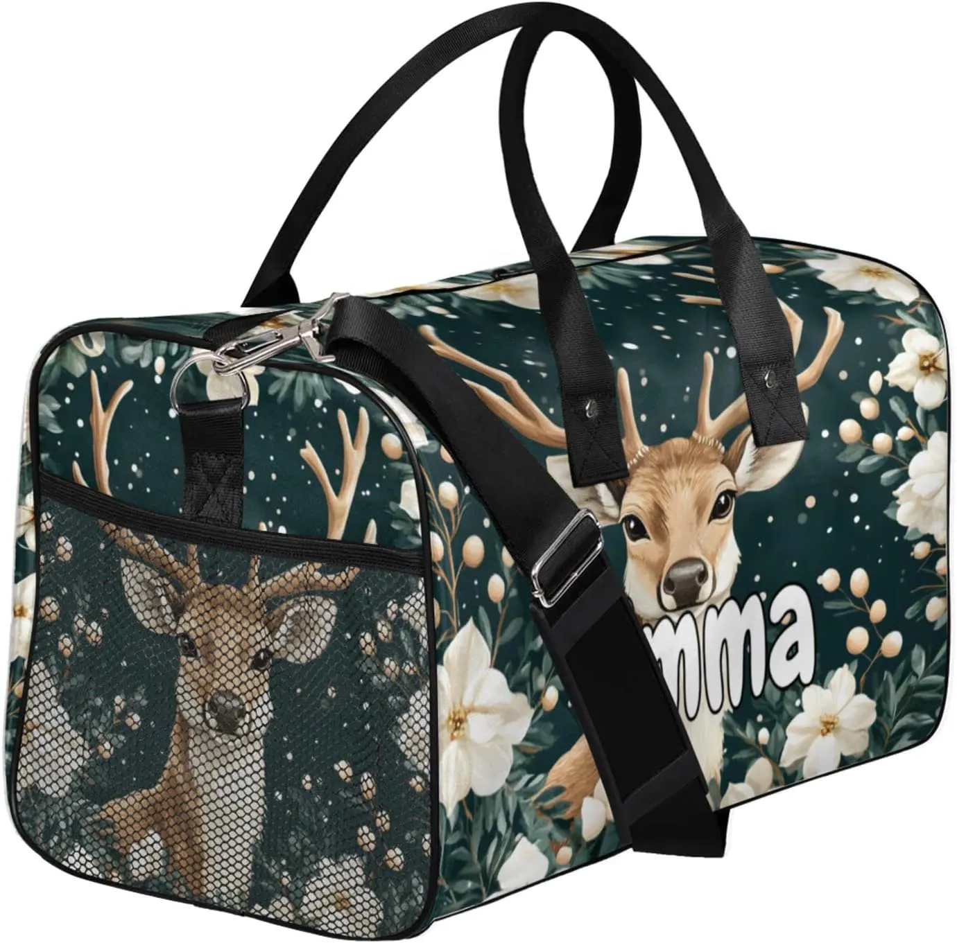 Personalized Nature Forest Elk Travel Duffel Bag with Name, Custom Gym Sport Bag Animal Modern Carry On Weekend Overnight Duffel Bag for Men Women
