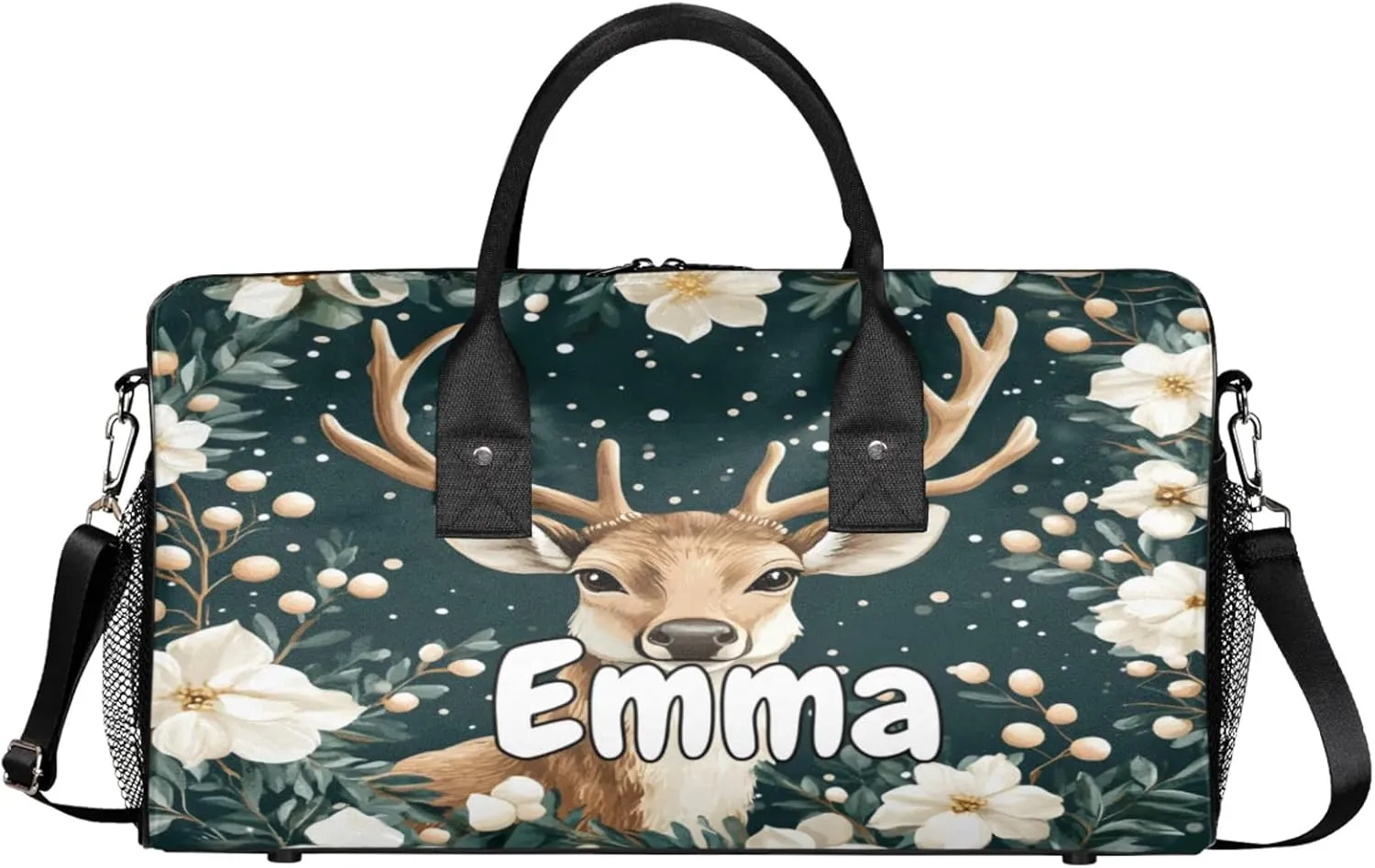 Personalized Nature Forest Elk Travel Duffel Bag with Name, Custom Gym Sport Bag Animal Modern Carry On Weekend Overnight Duffel Bag for Men Women
