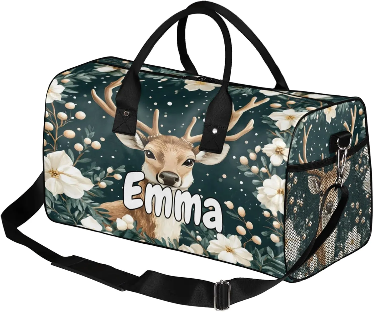 Personalized Nature Forest Elk Travel Duffel Bag with Name, Custom Gym Sport Bag Animal Modern Carry On Weekend Overnight Duffel Bag for Men Women