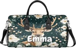 Personalized Nature Forest Elk Travel Duffel Bag with Name, Custom Gym Sport Bag Animal Modern Carry On Weekend Overnight Duffel Bag for Men Women