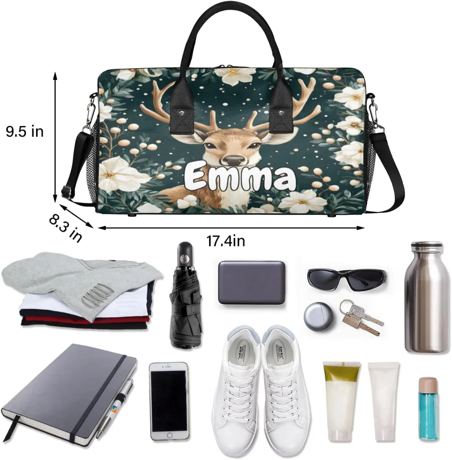 Personalized Nature Forest Elk Travel Duffel Bag with Name, Custom Gym Sport Bag Animal Modern Carry On Weekend Overnight Duffel Bag for Men Women