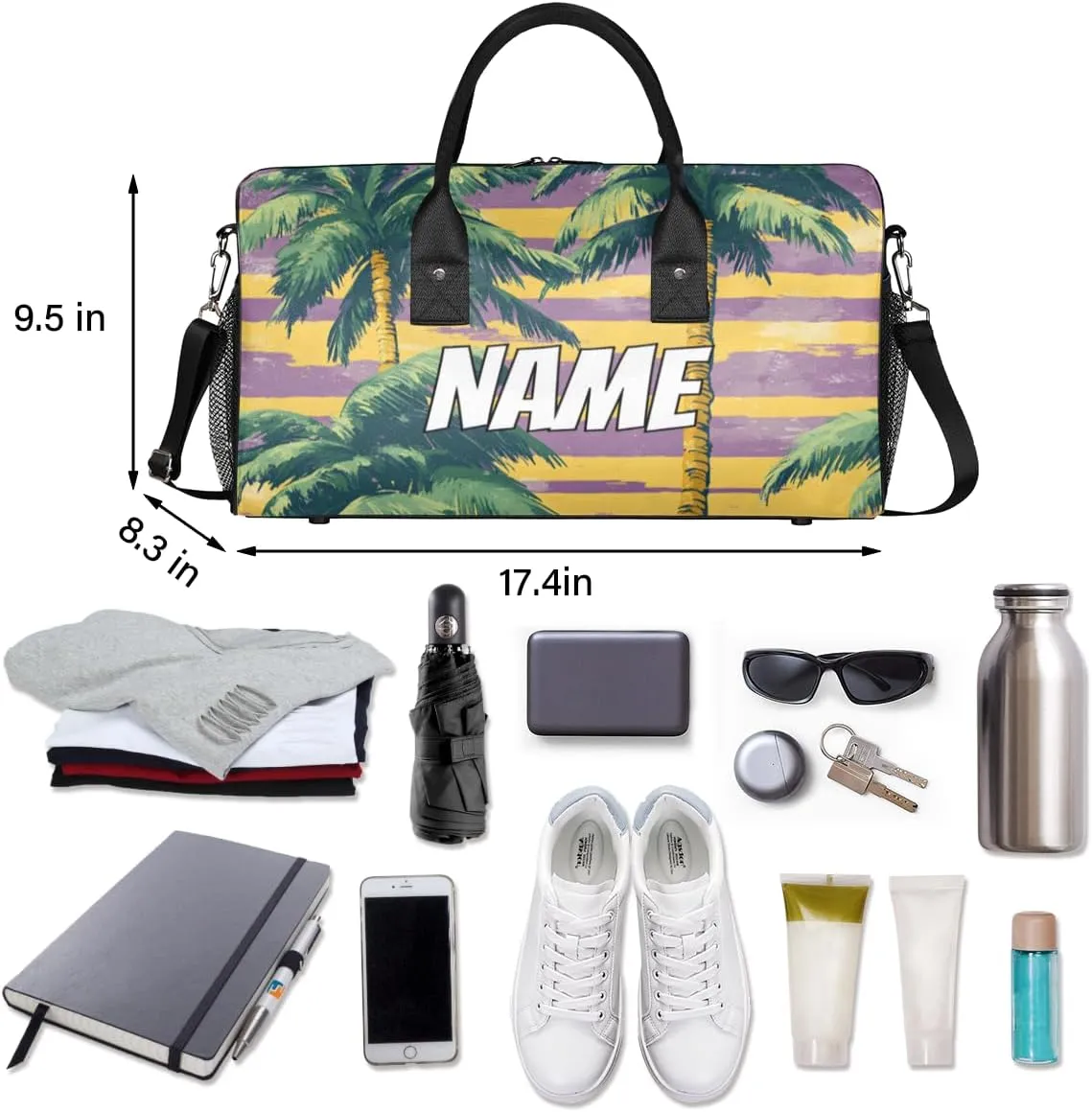 Personalized Palm Trees Travel Duffel Bag with Name, Custom Gym Sport Bag Tropical Seaside Carry On Weekend Overnight Duffel Bag for Men Women