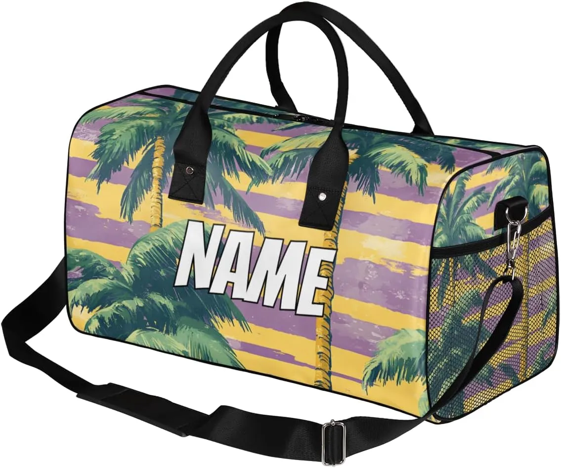 Personalized Palm Trees Travel Duffel Bag with Name, Custom Gym Sport Bag Tropical Seaside Carry On Weekend Overnight Duffel Bag for Men Women