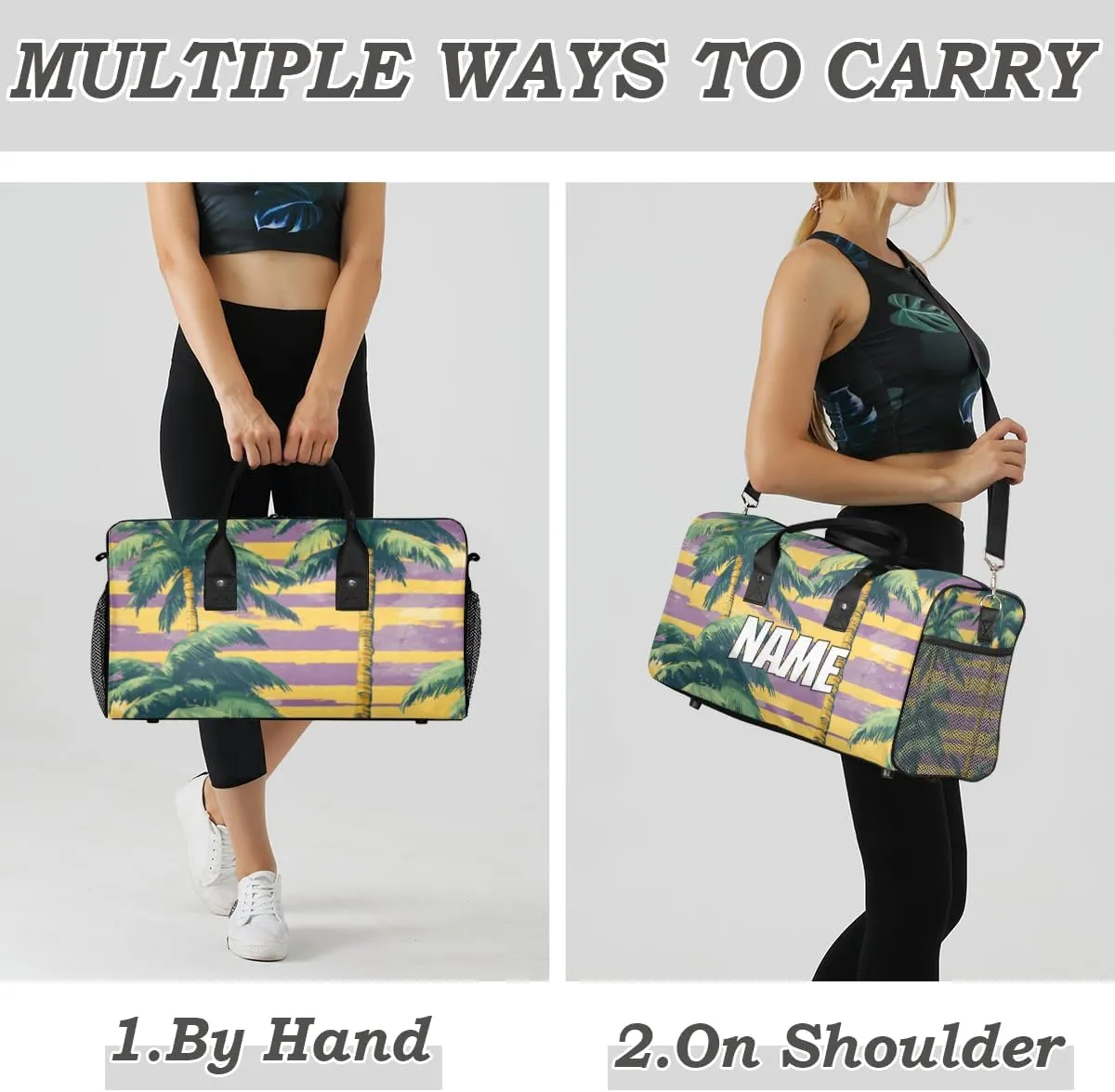 Personalized Palm Trees Travel Duffel Bag with Name, Custom Gym Sport Bag Tropical Seaside Carry On Weekend Overnight Duffel Bag for Men Women