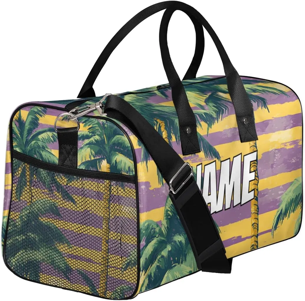 Personalized Palm Trees Travel Duffel Bag with Name, Custom Gym Sport Bag Tropical Seaside Carry On Weekend Overnight Duffel Bag for Men Women
