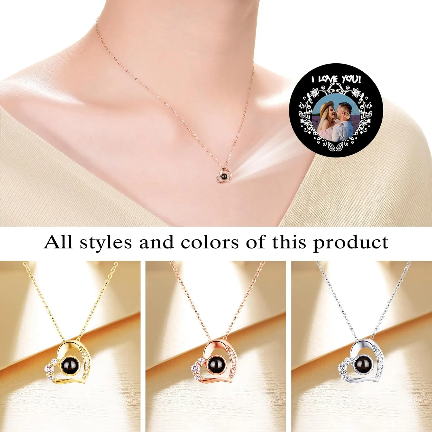 Personalized Picture Necklace Projection Necklace with Photo Inside - Custom Photo Pendant Necklace - 18K Real Gold Plating-Mothers Day Gifts for Mom Wife Valentines Love Memorial Gifts for Anniversary