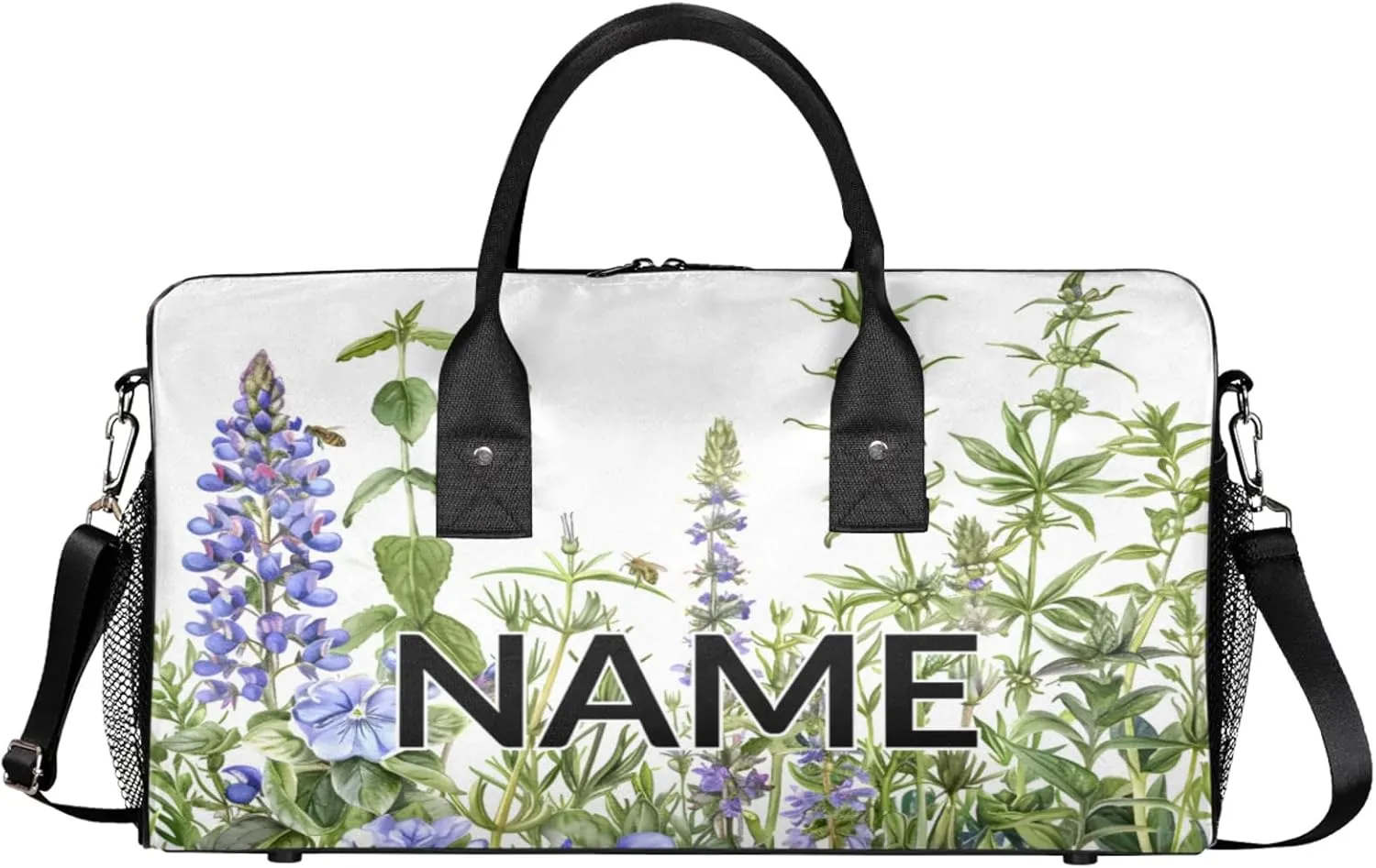 Personalized Purple Lavender Travel Duffel Bag with Name, Custom Gym Sport Bag Spring Floral Carry On Weekend Overnight Duffel Bag for Men Women