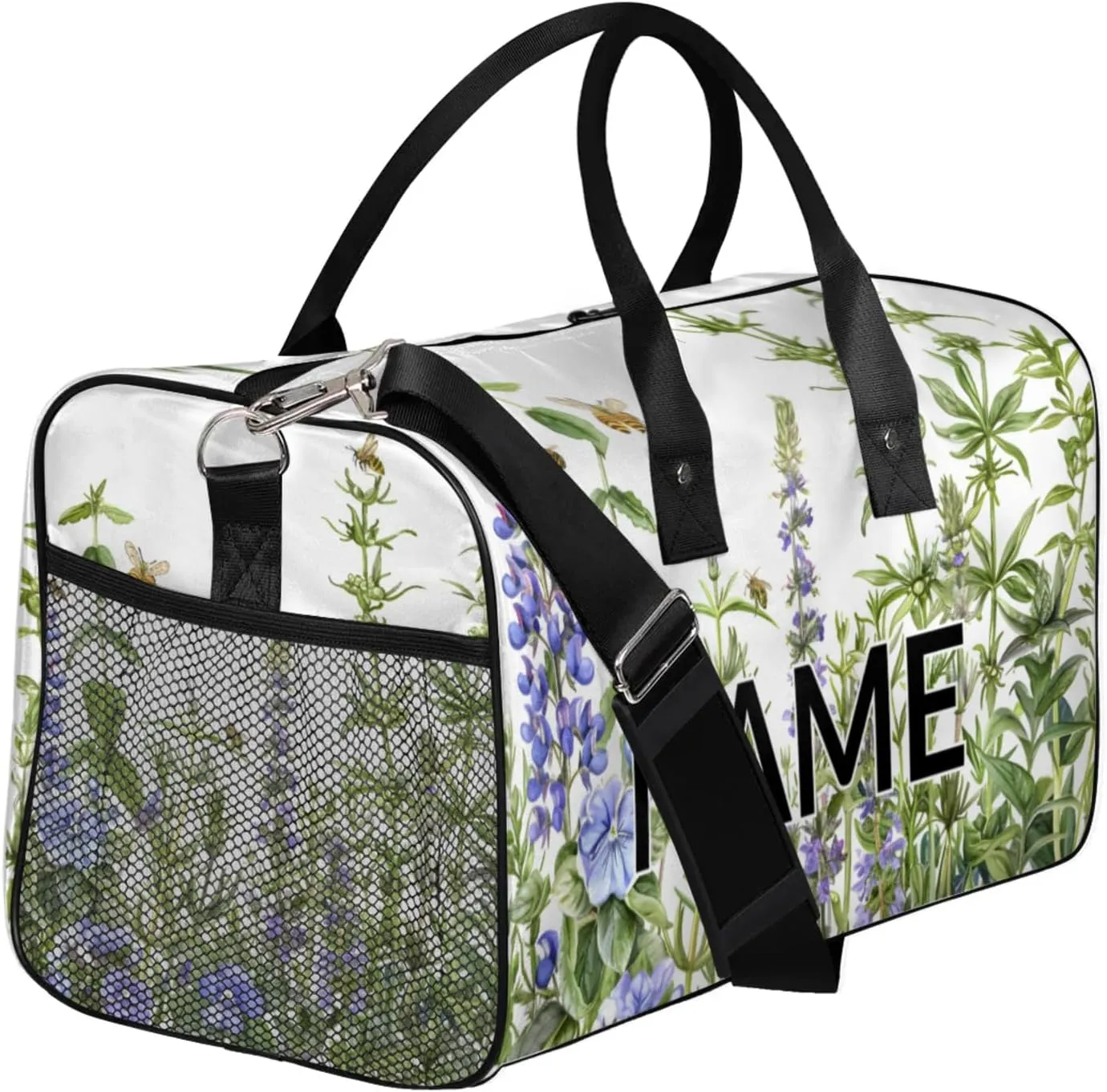 Personalized Purple Lavender Travel Duffel Bag with Name, Custom Gym Sport Bag Spring Floral Carry On Weekend Overnight Duffel Bag for Men Women