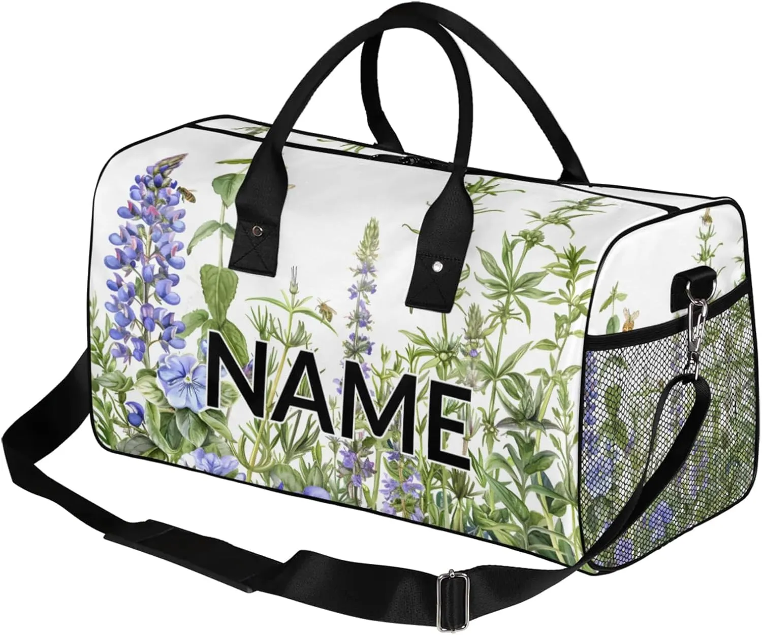 Personalized Purple Lavender Travel Duffel Bag with Name, Custom Gym Sport Bag Spring Floral Carry On Weekend Overnight Duffel Bag for Men Women
