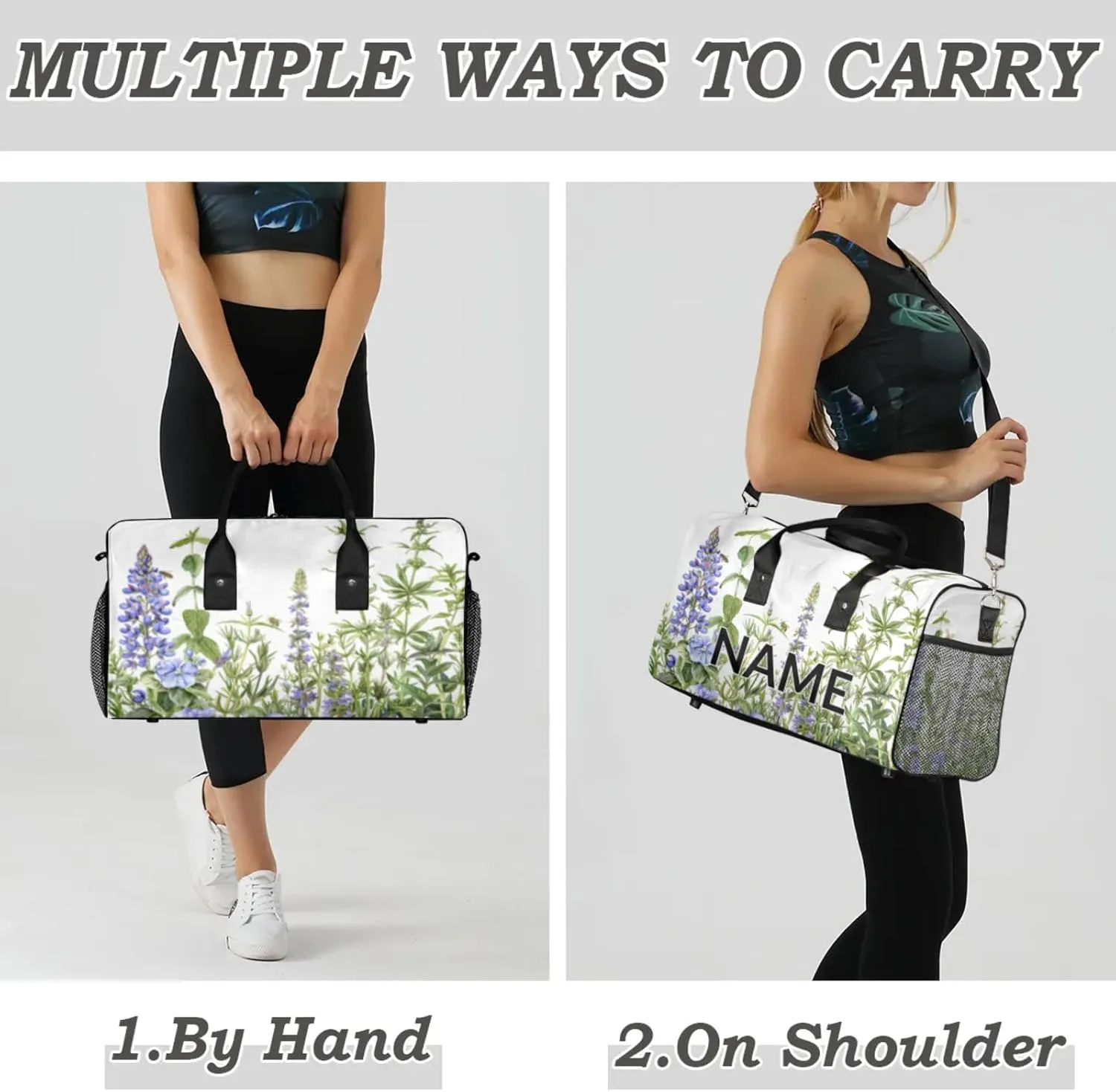 Personalized Purple Lavender Travel Duffel Bag with Name, Custom Gym Sport Bag Spring Floral Carry On Weekend Overnight Duffel Bag for Men Women