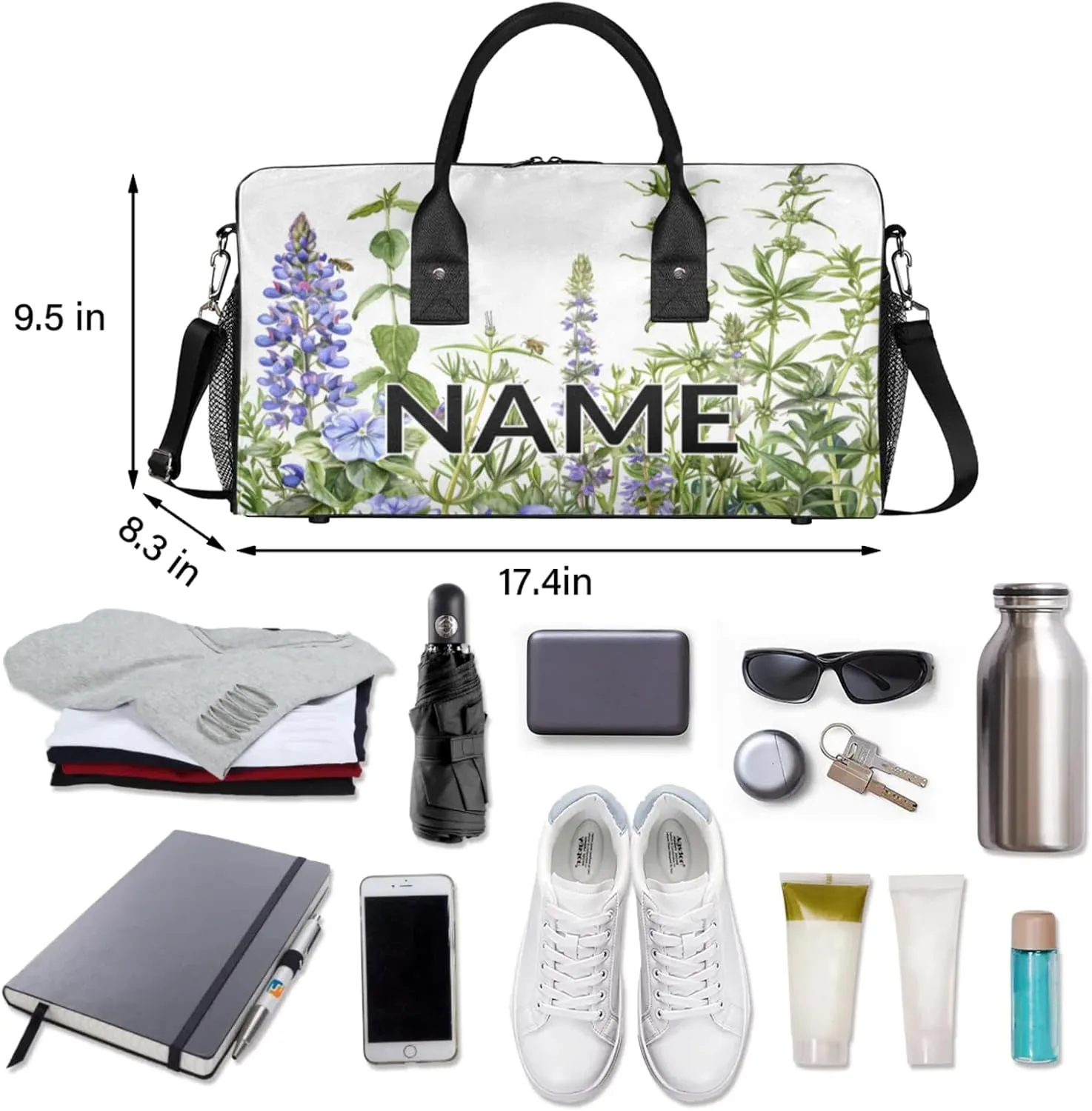 Personalized Purple Lavender Travel Duffel Bag with Name, Custom Gym Sport Bag Spring Floral Carry On Weekend Overnight Duffel Bag for Men Women