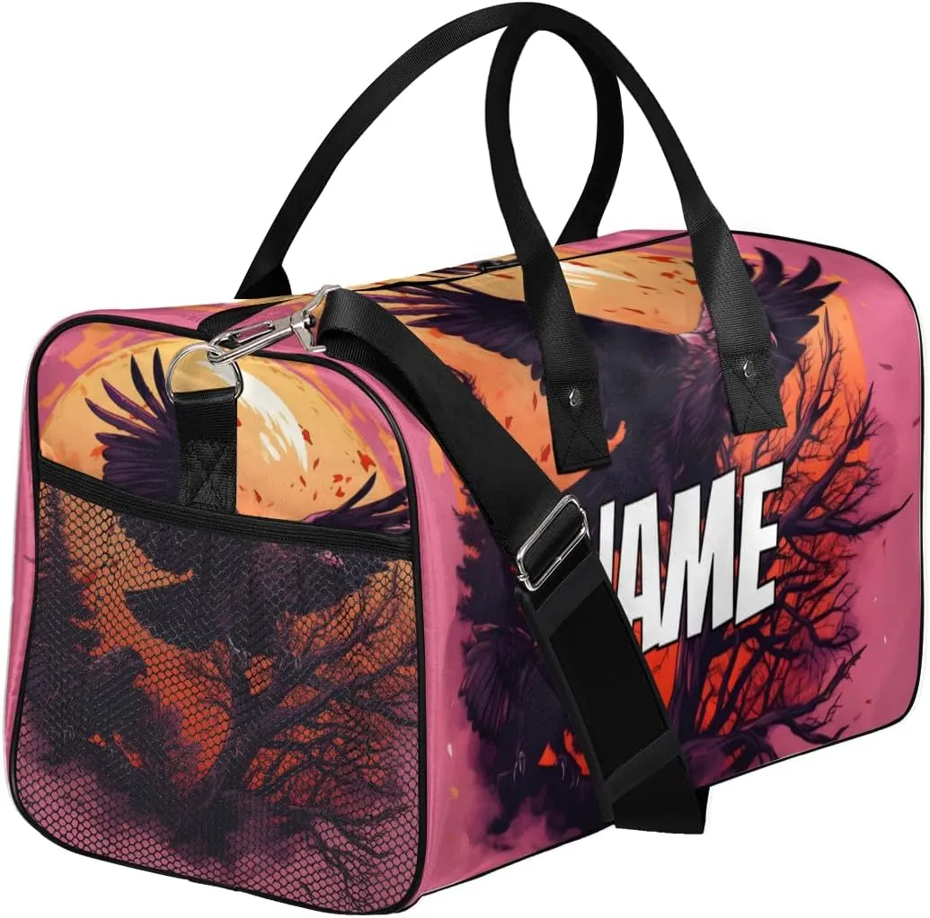 Personalized Scary Crow Travel Duffel Bag with Name, Custom Gym Sport Bag Full Moon Carry On Weekend Overnight Duffel Bag for Men Women