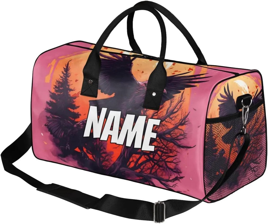 Personalized Scary Crow Travel Duffel Bag with Name, Custom Gym Sport Bag Full Moon Carry On Weekend Overnight Duffel Bag for Men Women