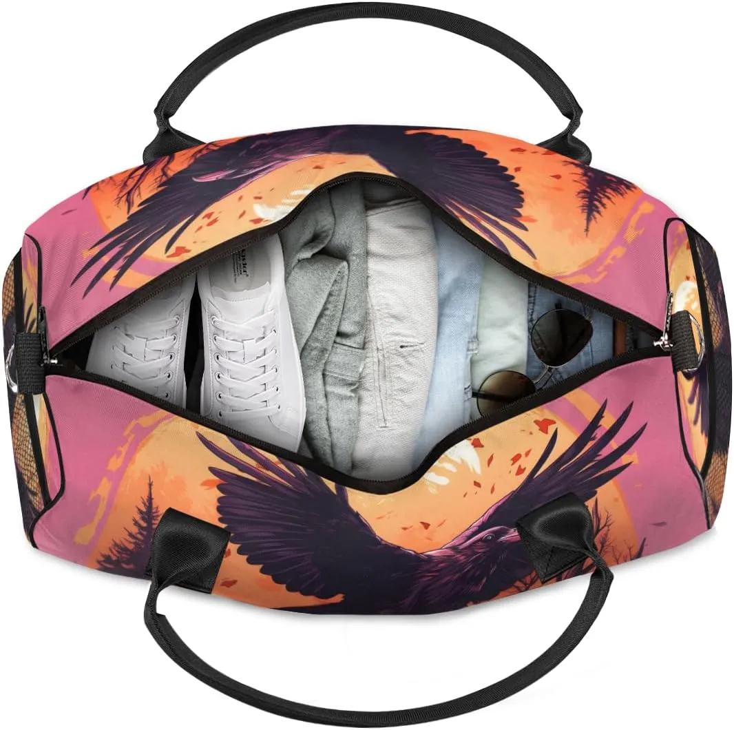 Personalized Scary Crow Travel Duffel Bag with Name, Custom Gym Sport Bag Full Moon Carry On Weekend Overnight Duffel Bag for Men Women