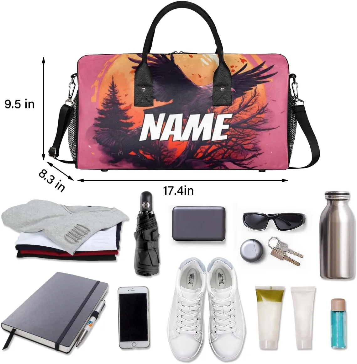 Personalized Scary Crow Travel Duffel Bag with Name, Custom Gym Sport Bag Full Moon Carry On Weekend Overnight Duffel Bag for Men Women