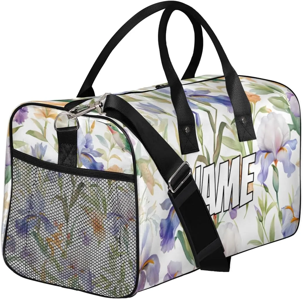 Personalized Spring Colorful Flower Travel Duffel Bag with Name, Custom Gym Sport Bag Humming Birds Carry On Weekend Overnight Duffel Bag for Men Women