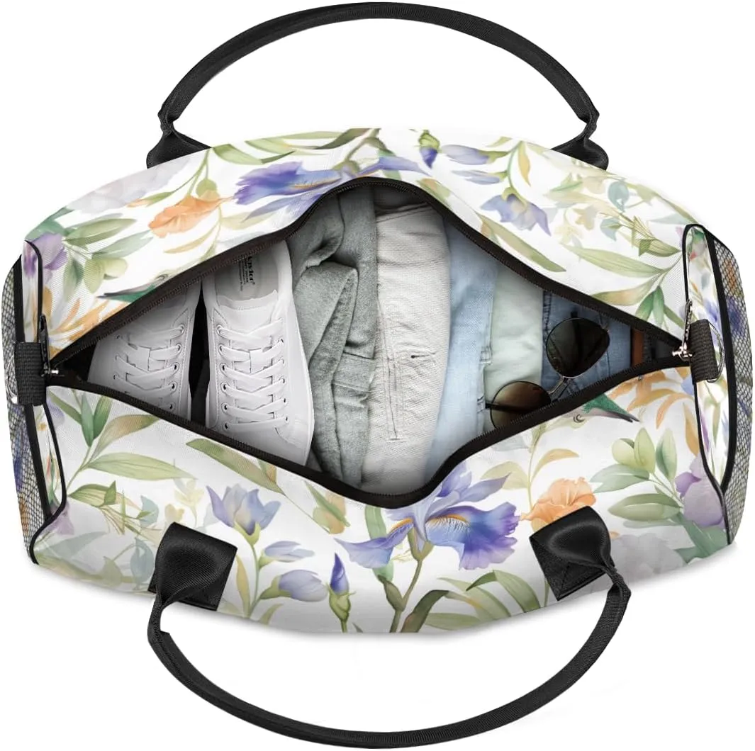 Personalized Spring Colorful Flower Travel Duffel Bag with Name, Custom Gym Sport Bag Humming Birds Carry On Weekend Overnight Duffel Bag for Men Women