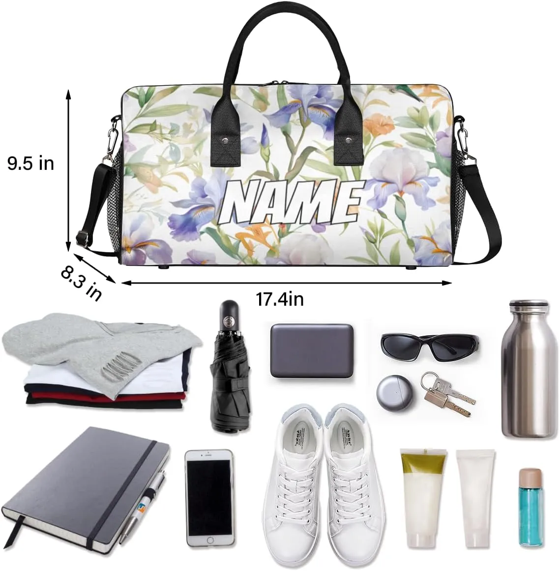 Personalized Spring Colorful Flower Travel Duffel Bag with Name, Custom Gym Sport Bag Humming Birds Carry On Weekend Overnight Duffel Bag for Men Women
