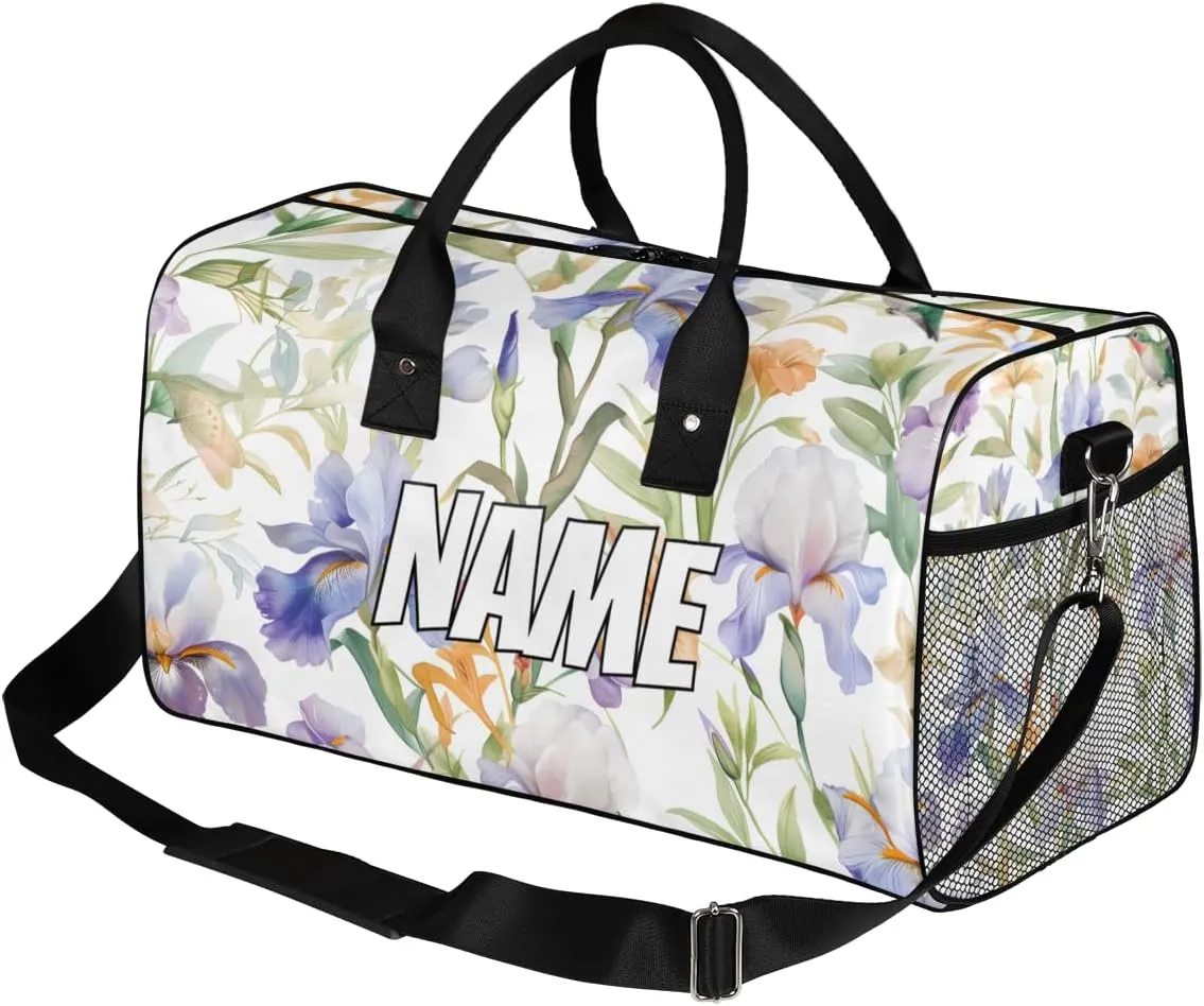 Personalized Spring Colorful Flower Travel Duffel Bag with Name, Custom Gym Sport Bag Humming Birds Carry On Weekend Overnight Duffel Bag for Men Women