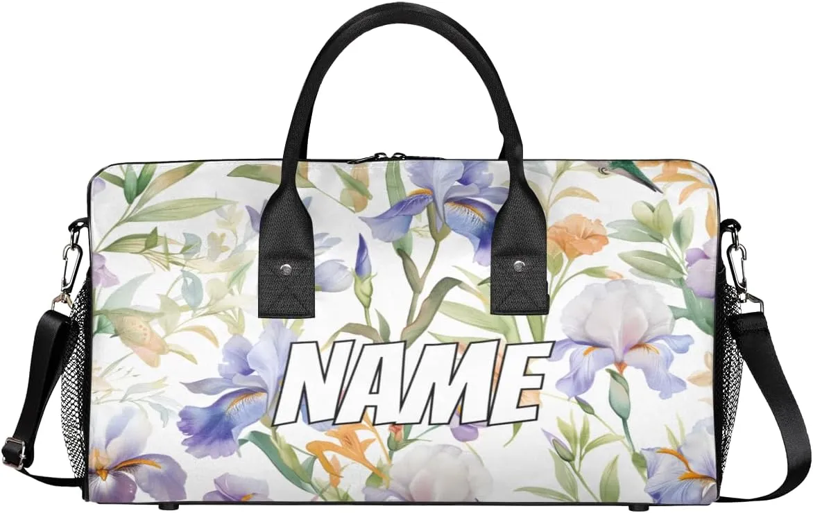 Personalized Spring Colorful Flower Travel Duffel Bag with Name, Custom Gym Sport Bag Humming Birds Carry On Weekend Overnight Duffel Bag for Men Women