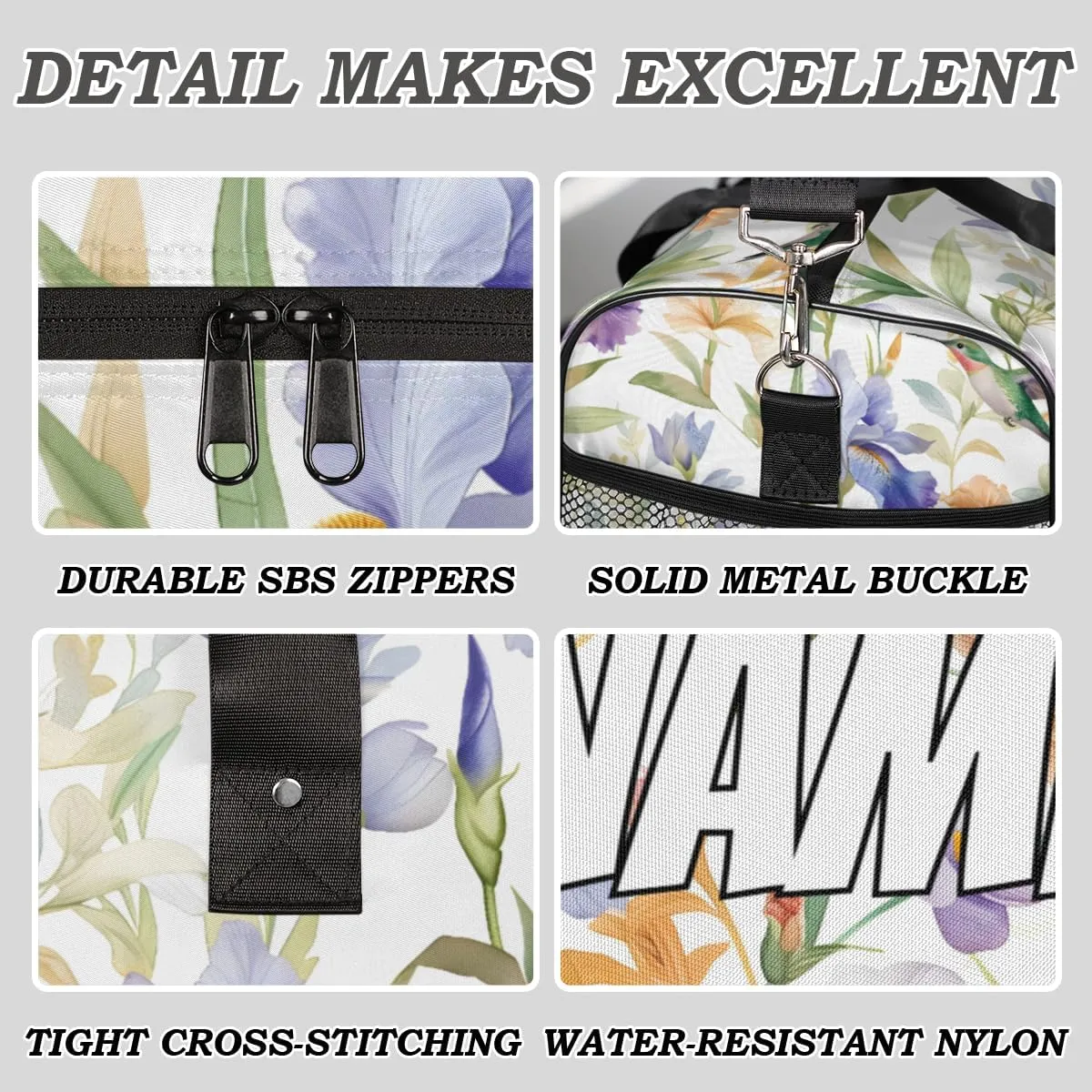 Personalized Spring Colorful Flower Travel Duffel Bag with Name, Custom Gym Sport Bag Humming Birds Carry On Weekend Overnight Duffel Bag for Men Women