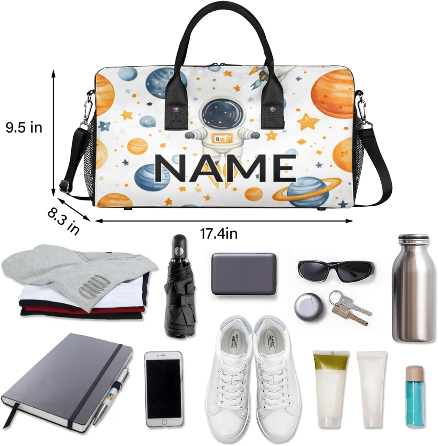 Personalized Stars Astronaut Travel Duffel Bag with Name, Custom Gym Sport Bag Fantasy Planet Galaxy Carry On Weekend Overnight Duffel Bag for Men Women