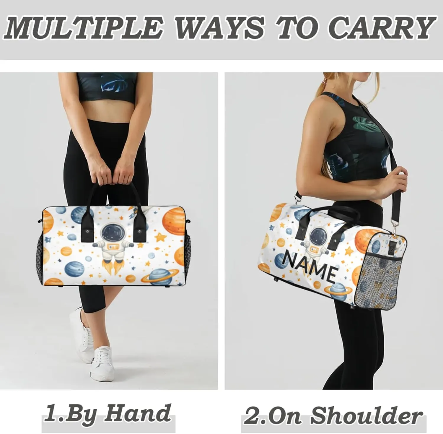 Personalized Stars Astronaut Travel Duffel Bag with Name, Custom Gym Sport Bag Fantasy Planet Galaxy Carry On Weekend Overnight Duffel Bag for Men Women