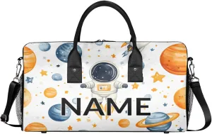 Personalized Stars Astronaut Travel Duffel Bag with Name, Custom Gym Sport Bag Fantasy Planet Galaxy Carry On Weekend Overnight Duffel Bag for Men Women