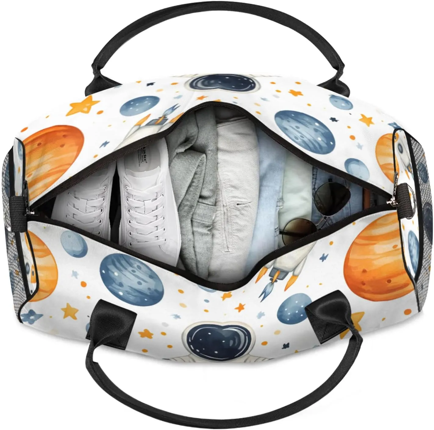 Personalized Stars Astronaut Travel Duffel Bag with Name, Custom Gym Sport Bag Fantasy Planet Galaxy Carry On Weekend Overnight Duffel Bag for Men Women