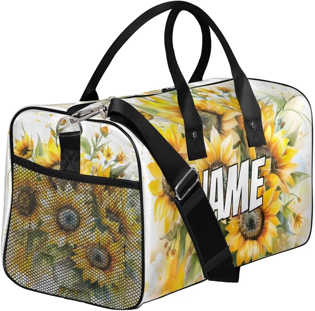 Personalized Sunflower Floral Travel Duffel Bag with Name, Custom Gym Sport Bag Natural Plant Carry On Weekend Overnight Duffel Bag for Men Women