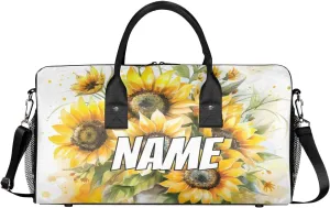 Personalized Sunflower Floral Travel Duffel Bag with Name, Custom Gym Sport Bag Natural Plant Carry On Weekend Overnight Duffel Bag for Men Women