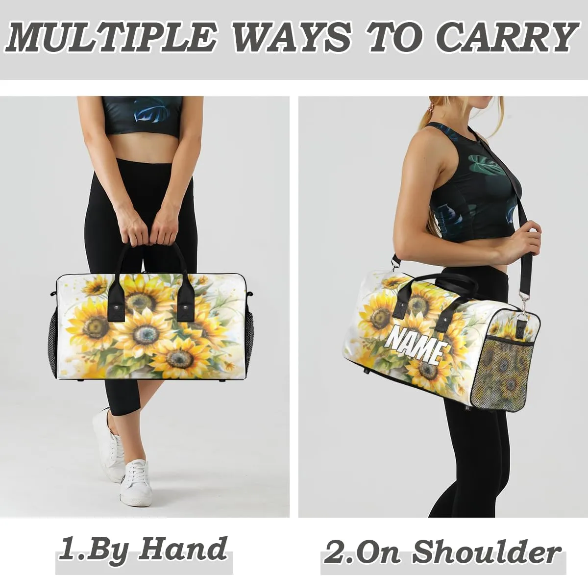 Personalized Sunflower Floral Travel Duffel Bag with Name, Custom Gym Sport Bag Natural Plant Carry On Weekend Overnight Duffel Bag for Men Women